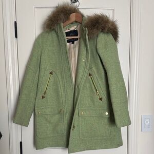 J. Crew Italian wool stadium cloth coat Jacket with Faux Fur Hood green 4P